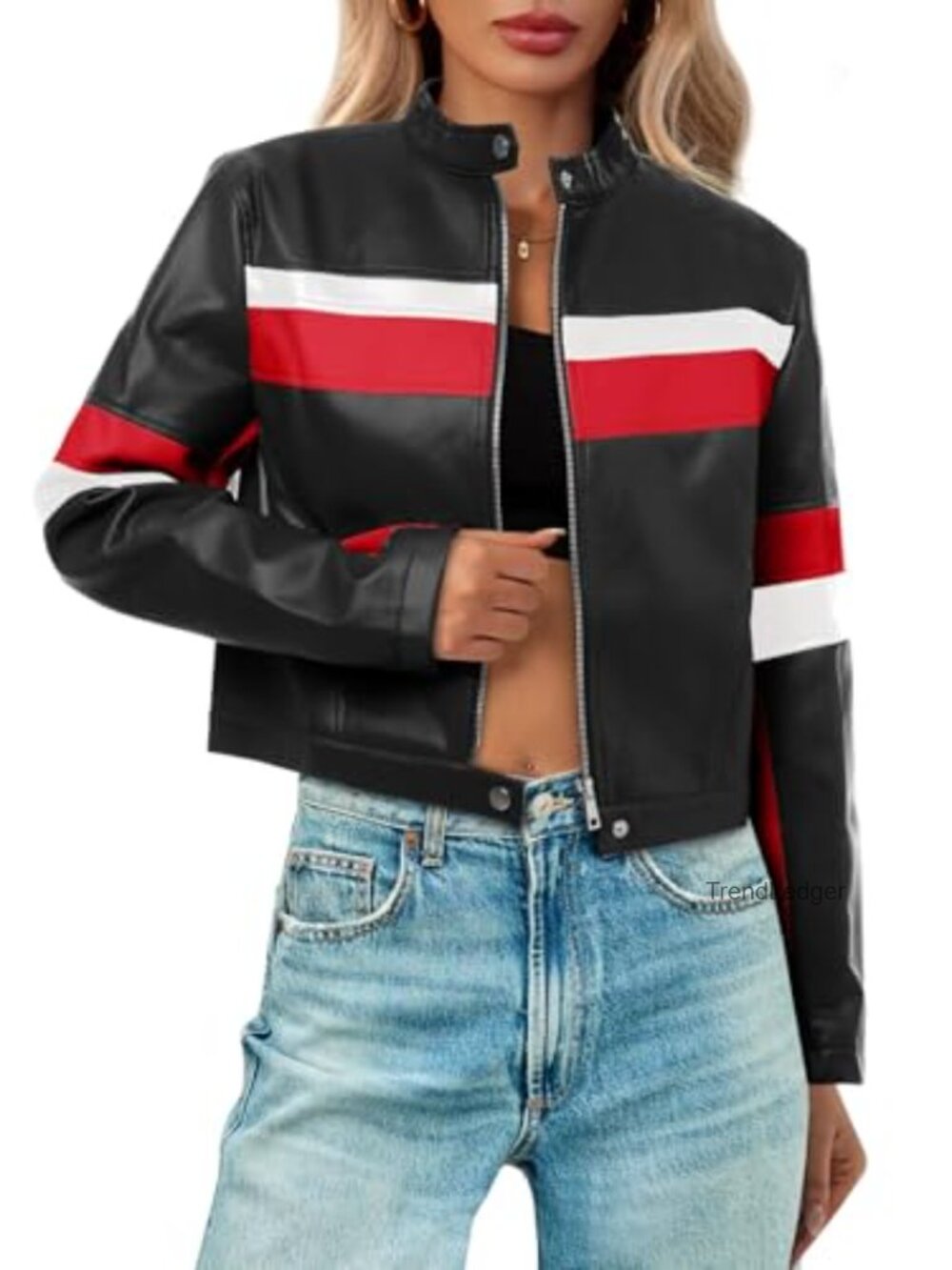 Faux Leather Cropped Moto Biker Bomber Jacket Color Block Racing Coat